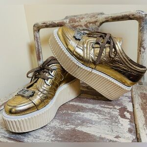 CHANEL Gold Metallic Women's Platform Sneakers Creepers